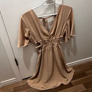 SHEIN Tan V-Neck Midi Dress with Cinched Waist